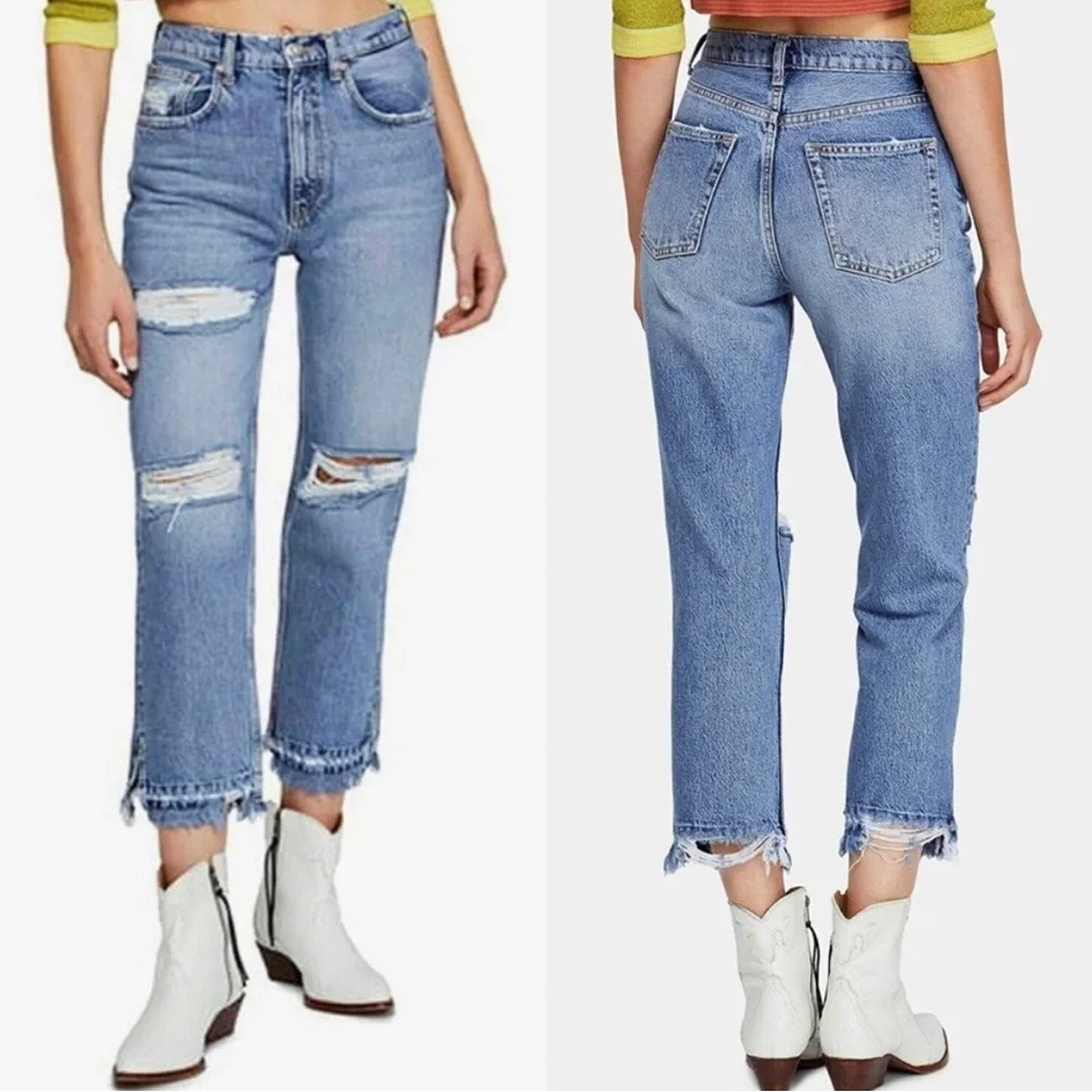 Free People Lita Slim Leg Distressed Cropped Jeans Size 26